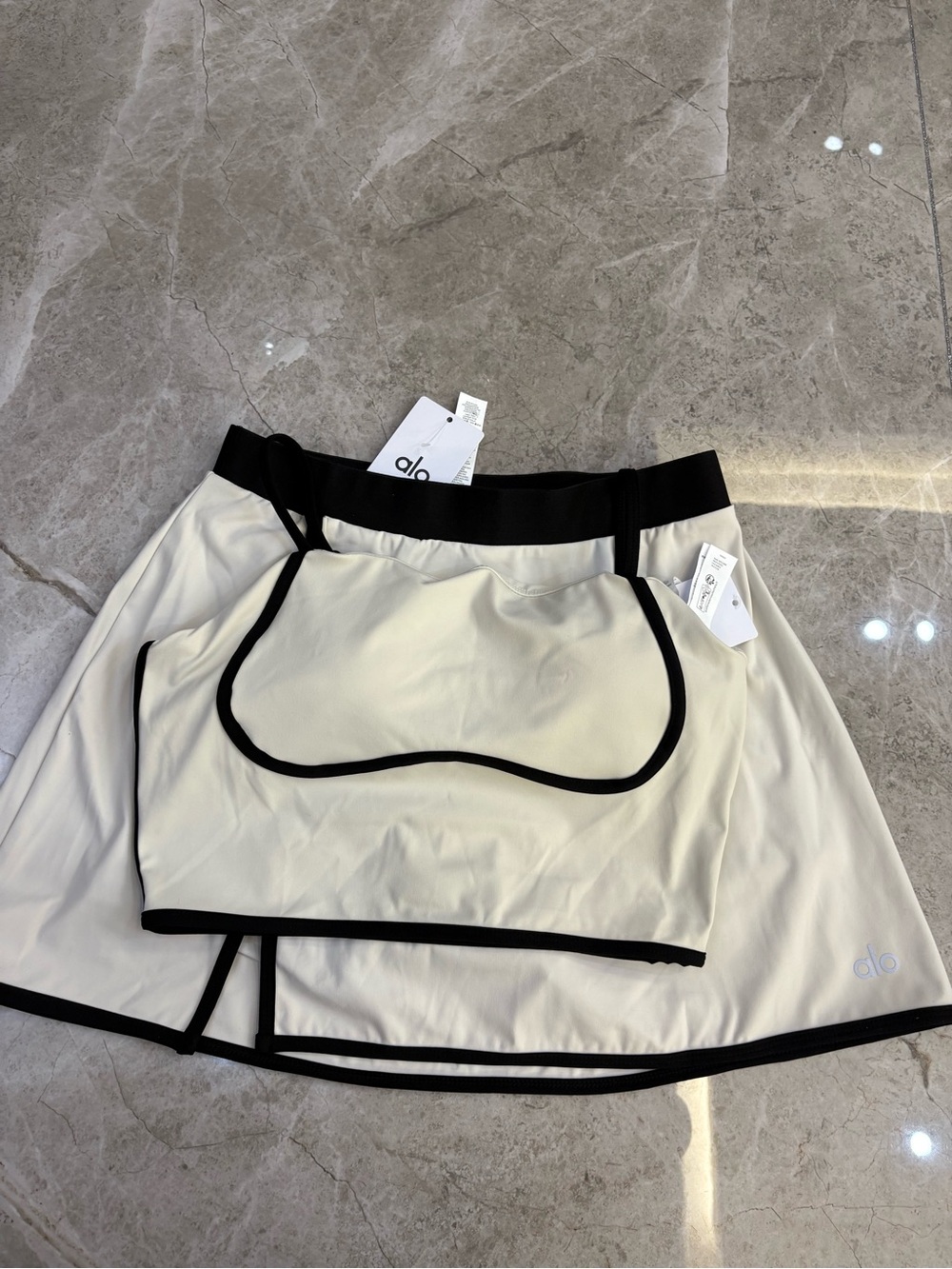ALO Yoga Cream and Black Backless Crop Top with Matching Skirt - Picture 5 of 5